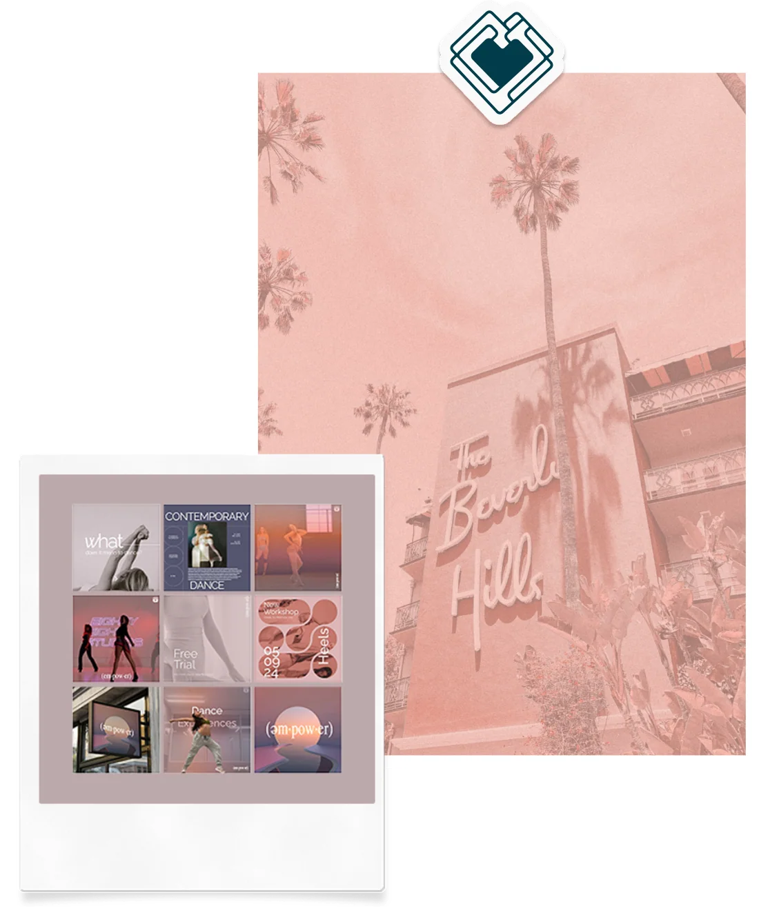 A pink print of the Beverly Hills Hotel with a polaroid of brand work